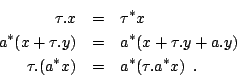 \begin{eqnarray*}\tau. x & = &
\tau ^* x  a^* (x + \tau. y) & = & a^*(x + \tau. y + a.y)  \tau. (a^* x)
& = & a^* (\tau.a^* x) \enspace. \end{eqnarray*}
